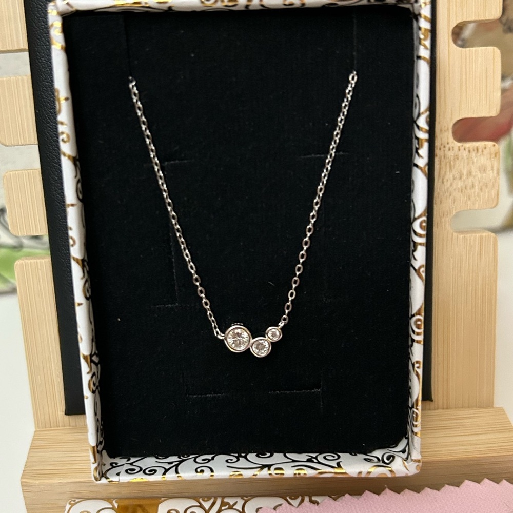 Sterling Silver & 3 Stone Moissanite Necklace - Picture 3 of 10